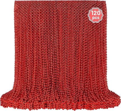 YAXINRUI 120 PCS Red Bead Necklaces, Red Mardi Gras Beads Christmas Necklace, Valentine Necklaces, 33 Inch Round Beaded Necklace for Mardi Gras Christmas Valentine Festive Events, Party Favors