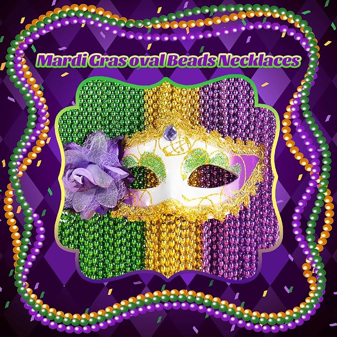 SHAOQINLIN 102 PCS Mardi Gras Beads, 30.5'' Metallic Gold Green Purple Mardi Gras Oval Beads Necklaces Mardi Gras Accessories Bulk Carnival Bead Necklace for Mardi Gras Parade Throws Party Favors