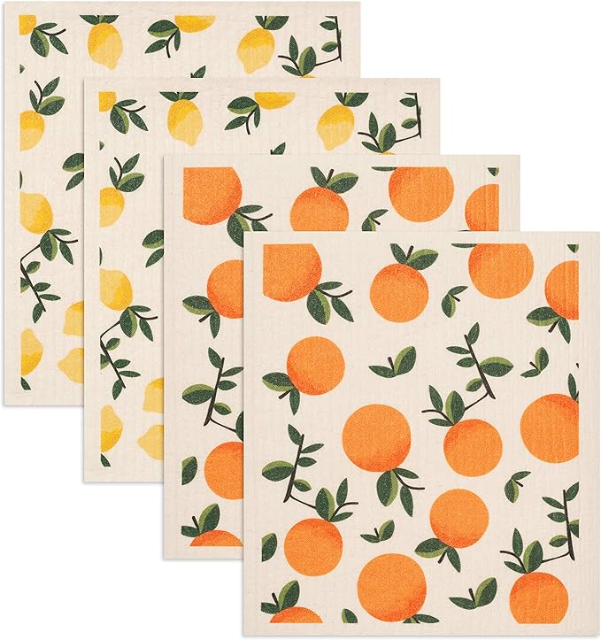 Swedish Dishcloths 4 Pack Yellow Lemons and Oranges Print Reusable Sponges Kitchen Cleaning Cloth Dish Scrubber, Machine Washable, Measures 7.87”x6.88 inches.