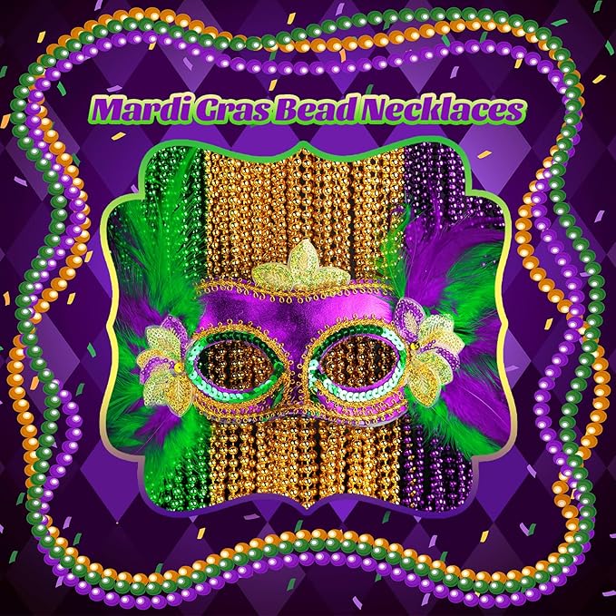 YAXINRUI Mardi Gras Beads Necklaces, 15pcs 33' 7mm Metallic Gold Green Purple Bead Party Favors