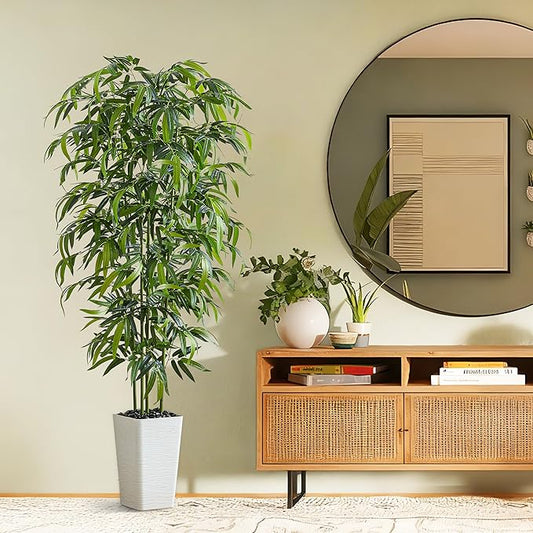 Artificial Bamboo Tree 6FT Tall Fake Plants Faux Bamboo Plant with White Tall Planter, Artificial Fake Trees Silk Plant with 5 Trunks and Lifelike Leaves for Home Office Indoor Outdoor Decor