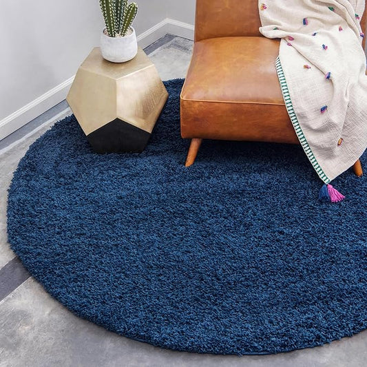 Unique Loom Solid Shag Collection Area Rug (10' 2" Round, Sapphire Blue/ Navy Blue)