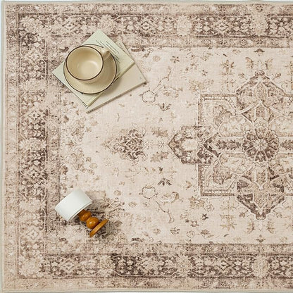 Brown 5x7 Area Rug Washable Vintage Living Room Carpet Non Slip Retro Distressed Low Pile Soft Oriental Medallion Thin Throw Rug for Kitchen Bathroom Office Bedroom Dining Room