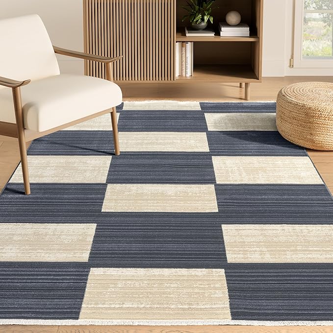 Abani Austin Collection Navy Area Rug - 8' x 10' - Block Checkered Pattern, Non-Shedding - Easy to Clean, Durable for Living Rooms, Dining Rooms & Family Rooms, Pet & Kid Friendly