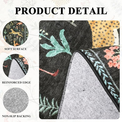 DUKINO Runner Rug, 2x8 Washable Kitchen Rugs for Hallways with Non Slip Backing, Soft Low Pile Vintage Animal Runner for Kitchen, Hallway, Entryway, Laundry, Bedroom, Black