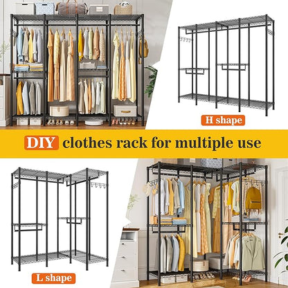 Raybee Clothes Rack Heavy Duty Clothing Racks for Hanging Clothes Loads 1100LBS, Garment Rack Freestanding for Bedroom, 75" H x 75" W x 15.7" D, Black