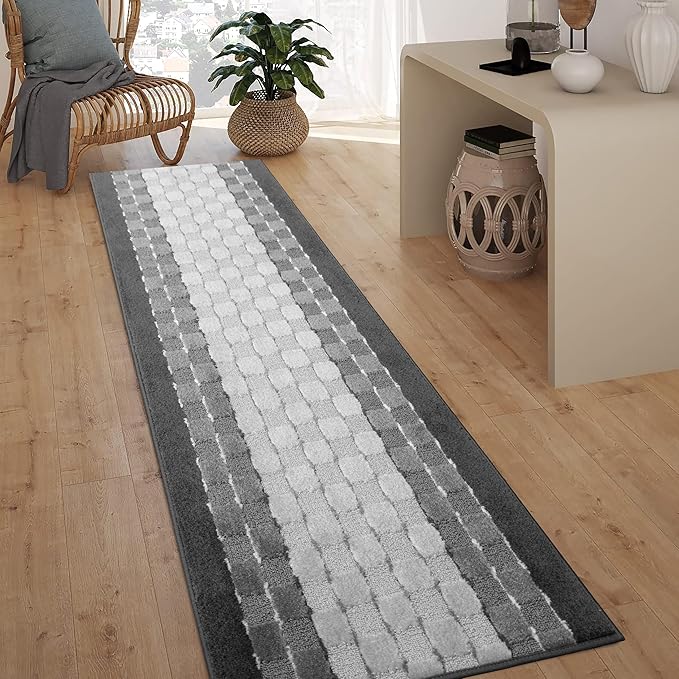 16 ft Non Slip Washable Carpet Runner Rug with Rubber Backing, Custom Floor Mat for Kitchen Hallway Stairs Bedroom Bathroom Entry, Checkered Anthracite Grey, Your Choice of Length, 26 Inch X 16 feet