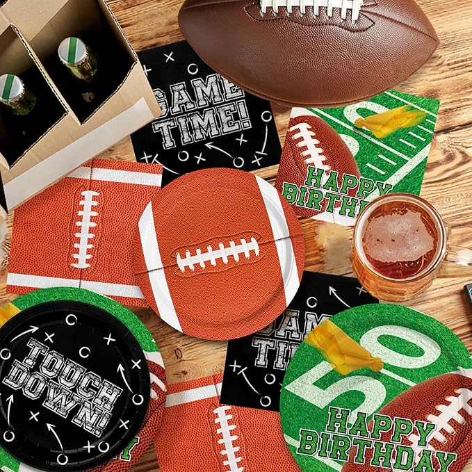 Football Birthday Party Decorations Kit for 24: Football Party Supplies Set with Plates, Dessert Plates, Napkins, Cups, Banner & Touchdown Tablecloth - for Football Tailgate Party Decorations