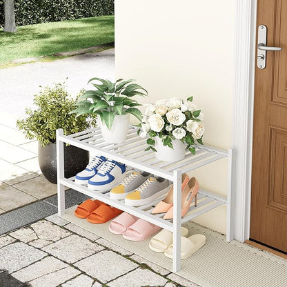 Smiry Shoe Rack, 2 Tier Thick Bamboo Shoe Organizer, Stackable Free Standing Wooden Shoe Storage Shelf for Closet, Entryway, Front Door Entrance, White