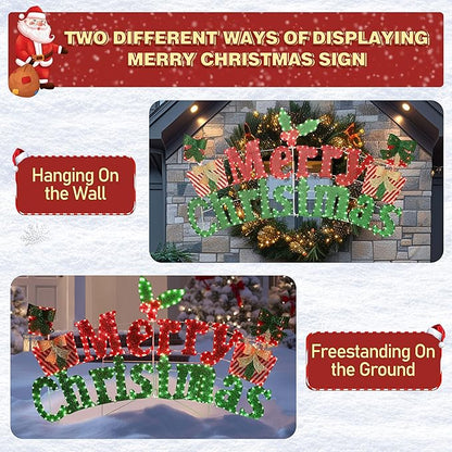 6FT Merry Christmas Sign for Decoration, 2-in-1 Pre-Lit Holiday Greeting Sign Decor with 456 LED Lights, Freestanding or Hanging Glittered Holiday Display for Outdoor, Indoor