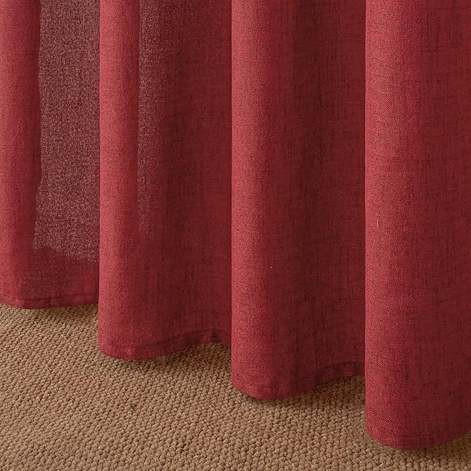 YoungsTex Burgundy Red Linen Curtains 54 Inch Length for Kitchen, Light Filtering Semi Sheer Small Window Drapes Rod Pocket Back Tab for Christmas Living Room Cafe, 2 Panels, 42 X 54 Inch