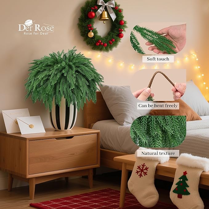 Der Rose 24Pcs Christmas Norfolk Pine Stems, 18 Inch Artificial Pine Branches Faux Cedar Stems Greenery Picks for Xmas DIY Crafts Wreath Garland Home Outdoor Christmas Decorations Indoor