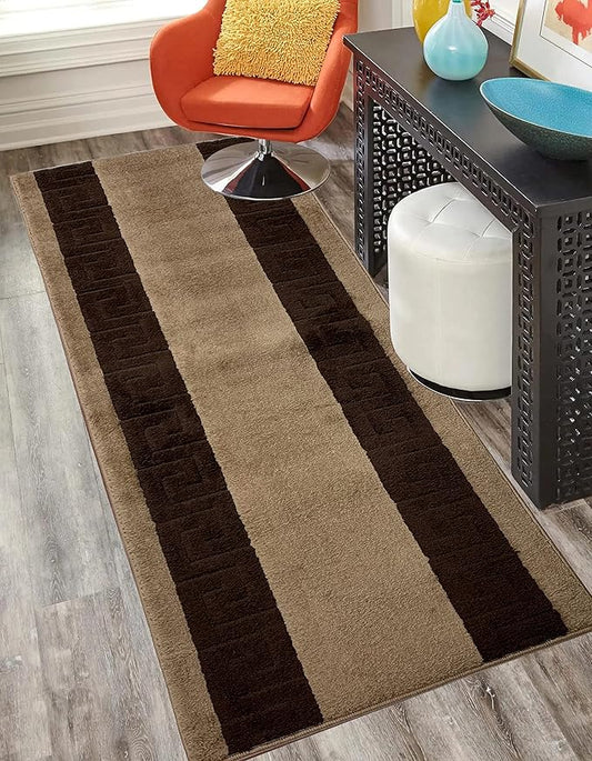 RugStylesOnline Washable Custom Size Runner Rug Meander Design Beige Brown, (9 Feet Length x 26 Inch Width) Custom Cut Slip Resistant Rubber Backing Runner Rugs, Extra Long Runner Rugs for Hallways