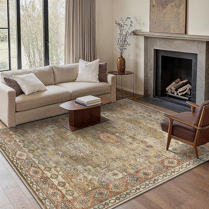 GENIMO Machine Washable 8x10 Area Rugs for Living Room, Non Slip Vintage Rugs, Low Pile Lightweight Chenille Print Rug for Bedroom, Dining Room, Home Office, Taupe Mocha