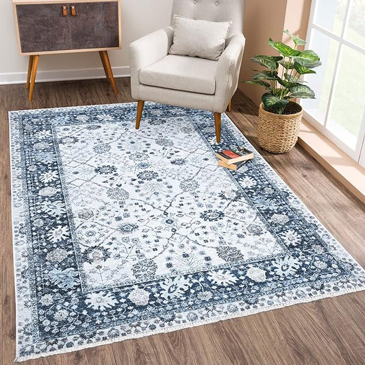 Bloom Rugs Washable Non-Slip 2x3 Rug - Navy Blue Traditional Bordered Area Rug for Living Room, Bedroom, Dining Room, and Kitchen - Exact Size: 2' x 3'