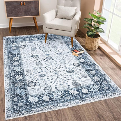 Bloom Rugs Caria Washable Non-Slip 8x10 Rug - Navy Blue Traditional Bordered Area Rug for Living Room, Bedroom, Dining Room, and Kitchen - Exact Size: 7'8" x 10'