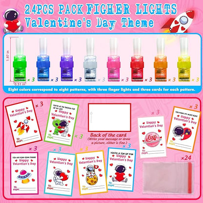 24 Pack Valentine's Day Space Gifts for Kids, Valentines Cards with LED Finger Lights Glow in the Dark, Classroom Exchange Prize, Goodie Bag Stuffers, Valentine Party Favors for Boys Girls