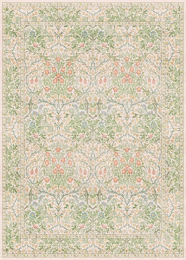 Hazo Haus Light Green Bedroom Rug 5x7 Area Rug for Living Room, Vintage Washable Floral Floor Mat for Nursery, Dining Room Low Pile Non Slip Stain Resistance Distressed Retro Indoor (5x7 Beige Green)