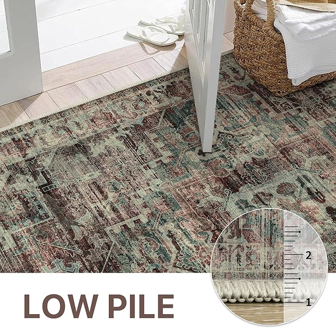 GENIMO Machine Washable 9x12 Area Rugs for Living Room, Non Slip Vintage Rugs, Low Pile Lightweight Chenille Print Rug for Bedroom, Dining Room, Home Office, Dark Scarlet