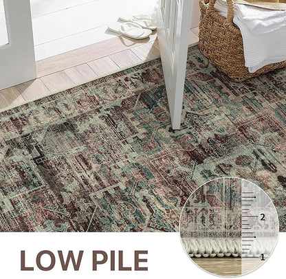 GENIMO Machine Washable 9x12 Area Rugs for Living Room, Non Slip Vintage Rugs, Low Pile Lightweight Chenille Print Rug for Bedroom, Dining Room, Home Office, Dark Scarlet