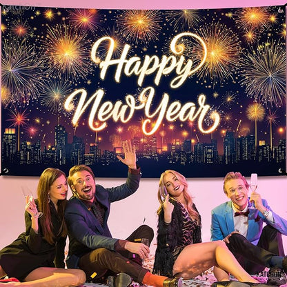KatchOn, XtraLarge Happy New Year Banner - 72x44 Inch | Neon New Year Backdrop 2026 | Neon New Years Decorations 2026 | NYE Eve Banner For NYE Decorations 2026 | New Years Eve Party Supplies 2026