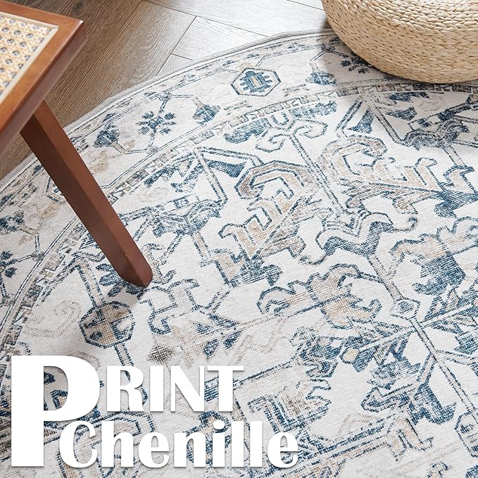 jinchan Round Rug 4ft Vintage Machine Washable Area Rug Kitchen Indoor Circle 4' Ultra-Thin Non-Slip Floral Print Carpet for Farmhouse Entryway Dining Room Living Room Bedroom Office (4'Round,Blue)