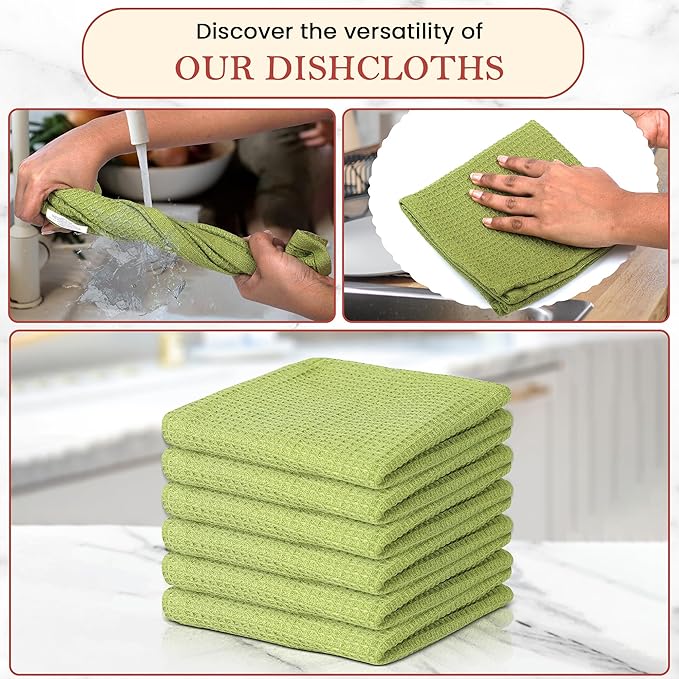 Vintage Vista 100% Cotton Waffle Dish Cloths (Pack of 6) - Dish Rags for Washing Dishes - Reusable & Highly Absorbent Kitchen Towels - Kitchen Rags for Christmas - (12" x 12" - Light Green)