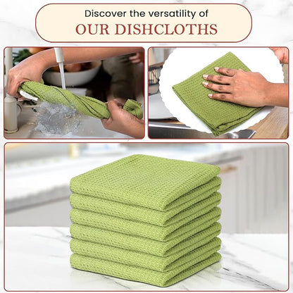 Vintage Vista 100% Cotton Waffle Dish Cloths (Pack of 6) - Dish Rags for Washing Dishes - Reusable & Highly Absorbent Kitchen Towels - Kitchen Rags for Christmas - (12" x 12" - Light Green)