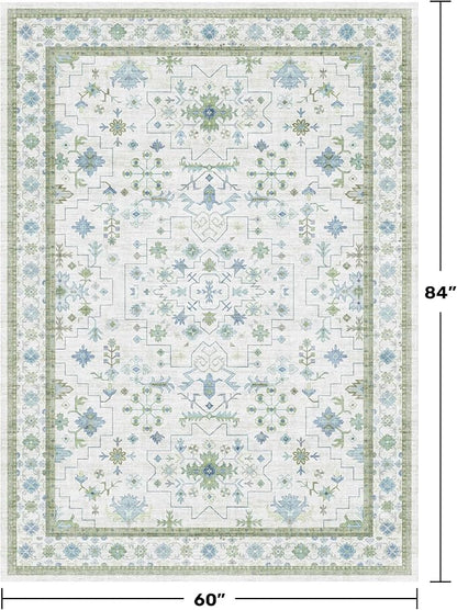 Oushak Area Rug for Bedroom 5x7 - Blue and Green Vintage Boho Floral Geometric, Washable Low Pile Non Slip Area Rugs for Nursery Room, Foyer, Cozy Aesthetic Room Decor
