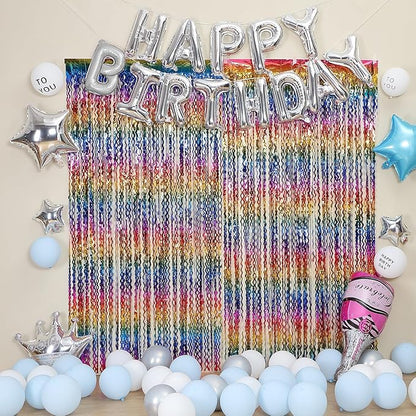 3 Pack Colorful Foil Fringe Curtain Backdrop - 6.6 x 3.3 ft Wavy Rainbow Tinsel Backdrop Curtain Metallic Streamers Iridescent Holiday Photo Booth Party Decorations