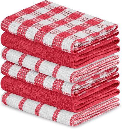 Blue Needles Waffle Weave Kitchen Towels, 15x25 Inches 100% Cotton Set of 6 Dish Cloths for Kitchen, Ultra Soft & Absorbent with Hanging Loop, Dish Rags for Quick Drying, Assorted - Burgundy