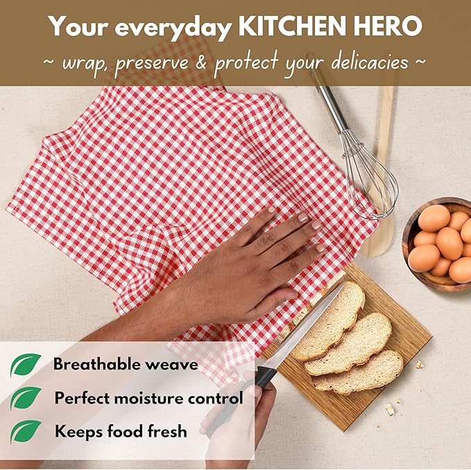 Native Fab 6 Pack Kitchen Towel with Hanging Loop 16x26 inches, Cotton Gingham Check Dish Towels for Cleaning & Drying Dishes, Absorbent Cloth Rags, Bar Towel, Dish Cloth Set, Red White