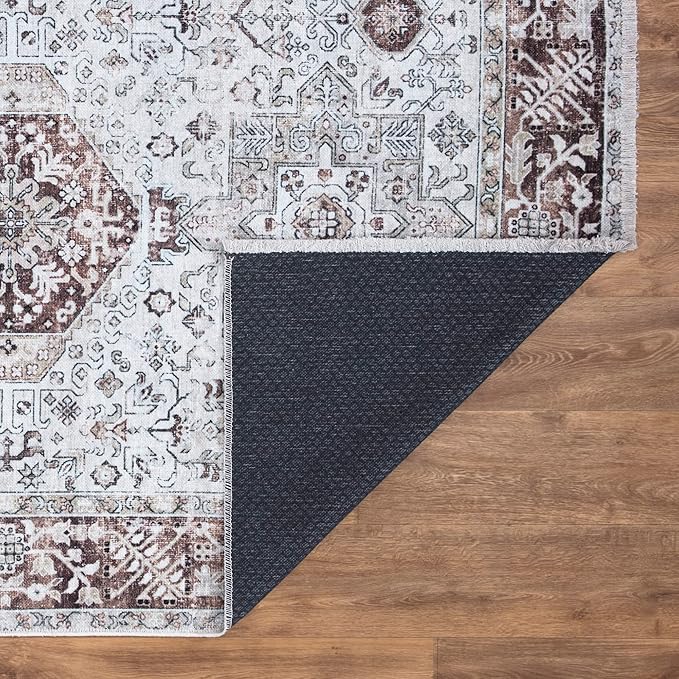 Bloom Rugs Caria Washable Non-Slip 7 ft Runner - Beige/Brown Traditional Runner for Entryway, Hallway, Bathroom, and Kitchen - Exact Size: 2'6" x 7'
