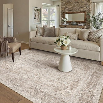 Beige Area Rug 6x9 for Living Room Washable Vintage Carpet Low Pile Non Slip Distressed Soft Traditional Retro Oriental Large Accent Throw Rug Office Bedroom Dining Room Playroom