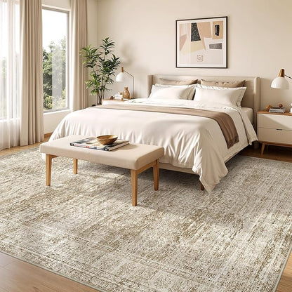 8x10 Area Rugs for Living Room, Non-Slip Backing Large Washable Rug for Nursery Room, Vintage Abstract Bedroom Rugs, Thin Indoor Home Decor Soft Farmhouse Rug (8'x10', Brown/Ivory
