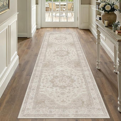 Beige Runner Rug 2'6"x8' Washable Vintage Carpet Hallway Kitchen Soft Retro Low Pile Thin Indoor Bedroom Non Slip Oriental Medallion Long Throw Rug for Bathroom Laundry Dining Room