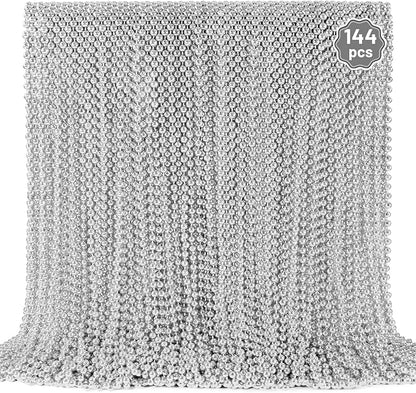 144 PCS Silver Bead Necklaces, Silver Mardi Gras Christmas Beads Necklace, Patriotic Necklaces, 33 Inch Beaded Necklace for Mardi Gras Christmas Party, 4th of July and New Year Eve Festive Events