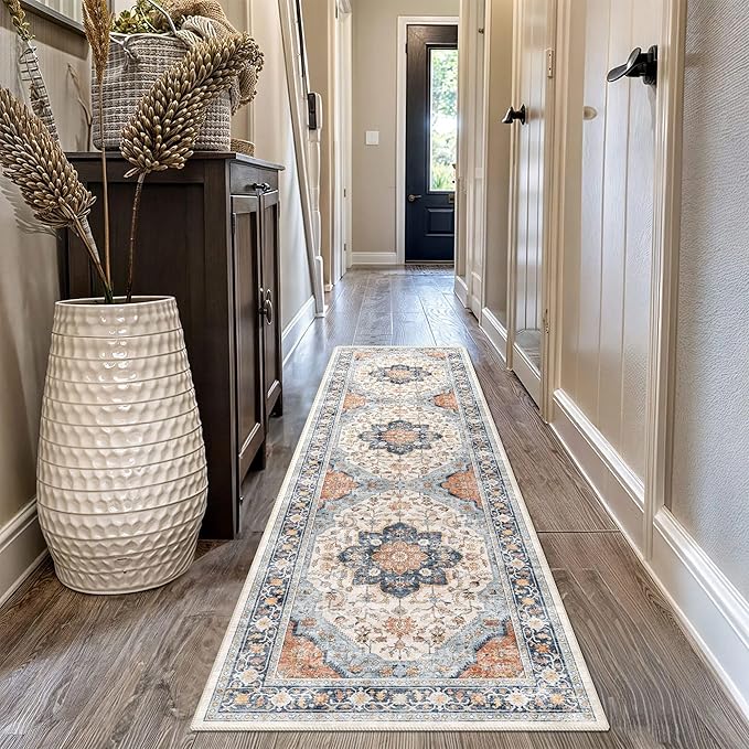 vivorug Boho Runner Rug 2x10 Machine Washable Rug with Non-Slip Backing, Ideal for Kitchen Hallway Entryway Laundry Room - Vintage, Durable, Easy Clean, Low Pile Carpet Runner Orange/Navy