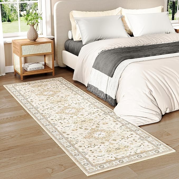 Washable 2x6 Runner Rugs for Kitchen Hallway,Beige Boho Rug for Bedroom Bedside Laundry Room Bathroom Rug, Non Slip Low Pile Soft 24 x 72 Floor Modern Carpet, Beige/Gold