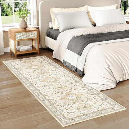 Washable 2x6 Runner Rugs for Kitchen Hallway,Beige Boho Rug for Bedroom Bedside Laundry Room Bathroom Rug, Non Slip Low Pile Soft 24 x 72 Floor Modern Carpet, Beige/Gold