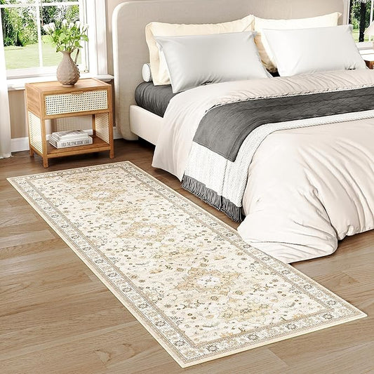 Washable 2x6 Runner Rugs for Kitchen Hallway,Beige Boho Rug for Bedroom Bedside Laundry Room Bathroom Rug, Non Slip Low Pile Soft 24 x 72 Floor Modern Carpet, Beige/Gold