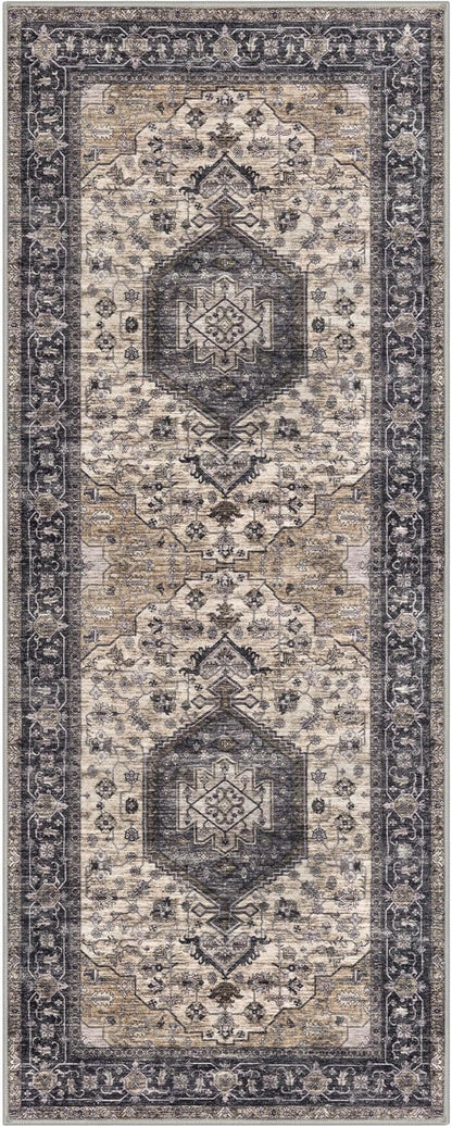 KUTA Runners for Hallways 2x6 Ivory Grey-Black, Vintage Floral Kitchen Rugs Non-Slip Washable Runner Ultra Soft Printed Retro Flower Carpet Entryway Rug for Bedroom Laundry Nursery