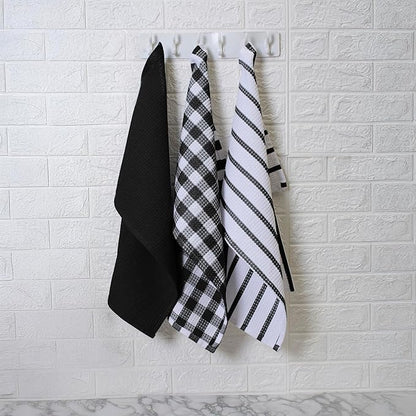 Blue Needles Waffle Weave Kitchen Towels, 15x25 Inches 100% Cotton Set of 6 Dish Cloths for Kitchen, Ultra Soft & Absorbent with Hanging Loop, Dish Rags for Quick Drying, Assorted - Black