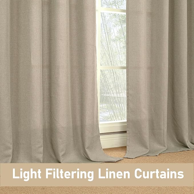 LAMIT Taupe Linen Curtains for Bedroom, 90 inches Grommet Thermal Insulated Thick Burlap Farmhouse Curtains Noise Reducing Window Treatment Drapes for Living Room, Set of 2 Panels, W52 x L90