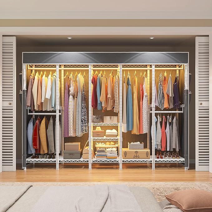 Raybee 90.6" W Clothes Rack with Cover Heavy Duty Clothing Racks for Hanging Clothes Portable Closet Loads 1200LBS Freestanding Garment Rack for Bedroom, White
