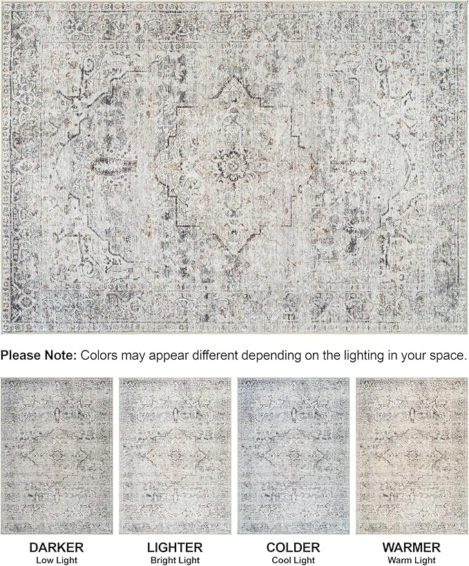 Bloom Rugs Caria Washable Non-Slip 4x6 Rug - Ivory/Gray/Caramel Traditional Area Rug for Living Room, Bedroom, Dining Room, and Kitchen - Exact Size: 4' x 6'