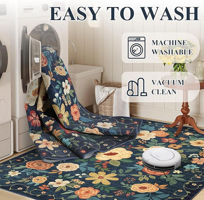 DUKINO 2x6 Runner Rug for Hallway, Washable Kitchen Runner Rug with Non Slip Backing, Low Pile Soft Boho Floral Runner for Kitchen, Hallway, Entryway, Laundry, Bedroom, Dark Blue