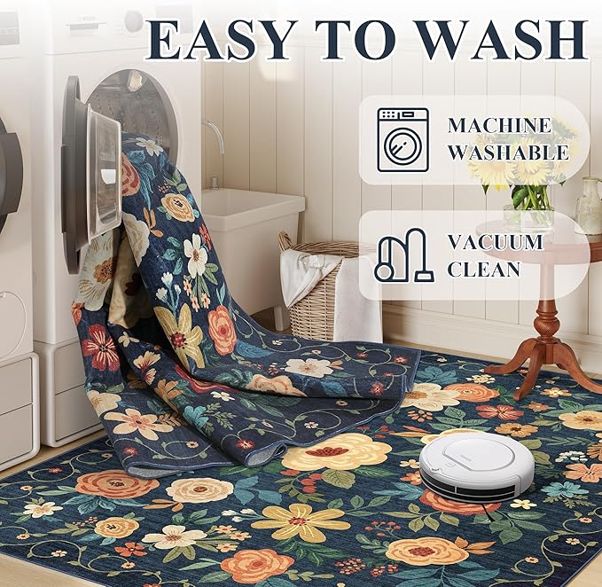 DUKINO 3x10 Runner Rug for Hallway, Washable Kitchen Floral Runner Rug with Non Slip Backing, Low Pile Soft Boho Carpet for Kitchen, Hallway, Entryway, Laundry, Bedroom, Navy Blue