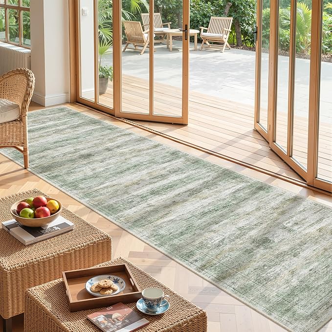 Long Hallway Runner Rug- Carpet Runners for Hallway 12ft, Anti Slip Backing Washable Rug Runner for Entrance, Living Room, Soft Low Pile Mordern Rug Runner(2'x12', Green/Yellow/Ivory)