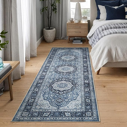 Bloom Rugs Caria Washable Non-Slip 10 ft Runner - Blue Traditional Runner for Entryway, Hallway, Bathroom, and Kitchen - Exact Size: 2'6" x 10'